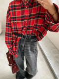 Bright Gingham Oversized Shirts For Women Street Style Casual Shacket Blouses And Tops Single-Breasted Spring