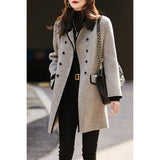 Autumn And Winter Retro New Fashion Double Buckle Leisure Long Temperament Bump Color Small Collar Hairs Of The Coat
