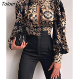 Women Sexy Backless Hollow Print Shirts Fashion Party Crop Top 2023 Spring Casual Stand Long Sleeve Office Lady Blouses And