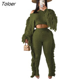 Solid Tassel Fringe Patchwork Short Sweater Top Knitted Two piece Set Pants Set Warm Thick Outfits Women Winter