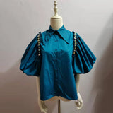 Elegant Solid Women's Shirt Lapel Puff Short Sleeve Patchwork Diamonds Loose Fashion Woman Blouses 2022