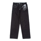 High Street Dark Bone Printed Jeans Men's Tide Brand Loose Minority Design Wide-Legged Straight Trousers-Outfit