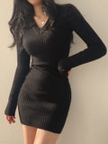 Sexy V-Neck Slim Ribbed Knitting Bodycon Dress for Women Korean Long Sleeve Sweater Mini Dresses Autumn Winter 2023