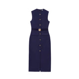 New With Belt Cuffless Sleeveless Fande Dress