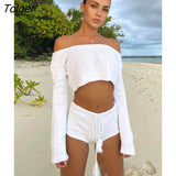 Knit Stripe Crop Top Shorts Suits Women Long Sleeves Top Drawstring Shorts 2 Two Piece Set Sweater 2023 Beach Holiday 425-1-Outfit