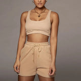 Solid Sportswear 2 Two Piece Sets Women 2021 Crop Top And Drawstring Shorts Matching Suits Summer Athleisure Outfits