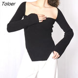 Rrib Knitting Solid Sweaters for Women Slim Elegant Square Collar Long Sleeve Irregular Length Design Casual
