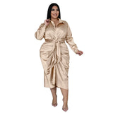 Plus Size Dresses Women Solid Long Sleeve Bandage Draped Pleaped Sleeve Button Dress Office Lady Wholesale