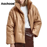 PU Leather Parkas Fashion High Street Solid Faxu Leather Coats Elegant Winter Thick Cotton Jackets Loose