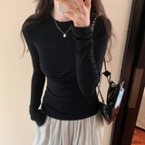 Color Design Feel Small Waist Long-Sleeved T-Shirt Women's Autumn New Round-Neck Blouse Slim And Skinny Bottomed Shirt-Outfit