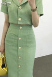 Korea Elegant Lapel Thin Tweed Small Suit Short Jacket + High Waist Chic Button Slim Womens Two Piece Skirt Sets Summer 425-0-Outfit