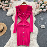 Winter Ruffles Design Knitted Dress V Neck Button Sheath Sweater Dress Fashion Long Sleeve Solid Midi Long