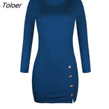 Women Sexy Fashion Side Split Dresses Package Hip Slim Button Charm Vestidos O-neck long-sleeved Mini