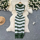 Fan Temperament Body-In-County-Necked Sleeveless Striped Knitted Dress Women's Summer Tight-Dled Ass Tuxedo