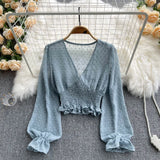 2021 Autumn Fashion Korean Women Blouse Long Sleeve V Neck Elastic Ruched Slim Tops Elegant Streetwear Short