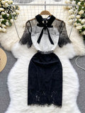 Splice Lace Bow Women Dress 2022 Summer Mesh Hollow Out Zipper Slim Elegant Ladies A line Midi