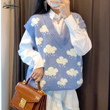 Cloud Print V-neck Sweaters Loose Knit Vest Top Winter Clothes Women Autumn Knitted Pullover Sweater Vest Women