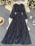 Autumn Women White/Black/Brown Polka Dot Long Dress Vintage Round Neck Puff Sleeve Elegant A-Line Maxi Vestidos Female 2021