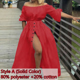 Off Shoulder Maxi Dress Celmia Women Lantern Sleeve Casual Loose Split Sundress Summer Buttons Party