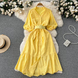 Women Embroidary Gentle Summer Dress V Neck Sashes Hollow Out Casual Vacation Short Sleeves Ladies Long A Line