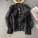 Court Style Super Fairy Collar Layer Lotus Edge Eugen Yarn Perspective Single Buckle Shirt Female Gas
