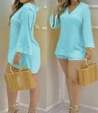 Summer Casaul Women Home Wear Solid Suit Sets Long Sleeve Plain Bell Sleeve V-Neck Top & Pants