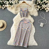 Sexy Hollow Out Rainbow Set Knitted Mini Camis Hight Waist Knit Mid Dress Women Streetwear Fashion Two Pieces