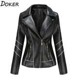 Winter Black Faux Leather Jackets Women Long Sleeve Plus Size Zipper Basic Coat Turn-down Collar Motor Biker
