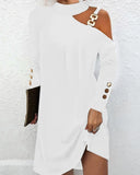 Explosion Autumn Simple Metal Buckle Hanging Neck Button Dress Women's