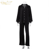 Causal Loose Home Suit Autumn Long Sleeve Blouse With High Wasit Pants Set Women Elegant Pleated Beige 2 Piece Pant