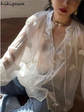 Women Shirts Chic 3D Floral White Blouses 2023 Blusas Mujer De Moda Embroidery See Throught Sexy Summer Blouse