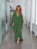 Spring Summer New Women's Dress Fashion V-Neck Belt Solid Color Bubble Sleeve Fold Loose Leisure Women's Dress Long