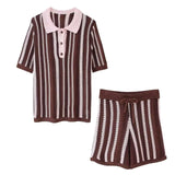 New Striped Collar Short Sleeve Loose Blouse High-Waist Three-Point Shorts Knitwear Two-Piece
