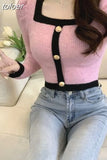 Cropped Pullovers Women Y2k Tops Square Collar Puff Sleeve Tunic Sueter Mujer Pull Femme Fashion Knitted Sweater