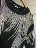 Women Tops Sequin Print Tees Round Neck Half Sleeve Loose Casual Regular Splice T Shirts Simple Hot Drilling Mid Length Top-Outfit