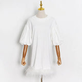 Casual Loose Dress For Women Round Neck Long Sleeve Patchwork Feathers Hem Mini Dresses Female Clothing Style