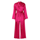 Women's Solid Color Pressure Folded Loose Long Sleeves Tying Shirt Trousers Two-Set