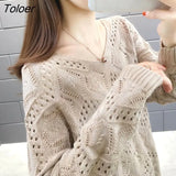 Women Spring V-neck Hollow Out Solid 4XL Pullovers Knitting Loose Korean-style Long Sleeve Autumn Trendy New
