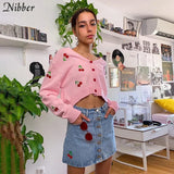 Sweet cute cherry embroidery Sweater for women Chic Knitted tops Cardigan fall winter casual wear graphic Sweater