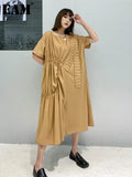 Women Khaki Irregular Pleated Long Dress New Round Neck Short Sleeve Loose Fit Fashion Tide Spring Summer 2023