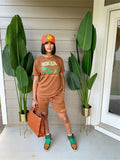 Streetwear 2 Two Piece Sets Women Outfits Short Sleeve Print O Neck Top Pockets Drawstring Shorts Brown Matching Sets
