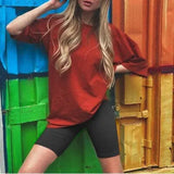 Biker Shorts Tracksuit 2 Pieces Set Female Solid Sets With Belt Half Sleeve 2021 Summer Streetwear Loose Casual New