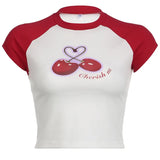Cool Girl Cherry Print Hit Color Shoulder Insert Short-Sleeved Round-Neck T-Shirt 2024 Spring / Summer New Spice Girl Blouse-Outfit