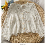 2021 New Summer Thin Knitted Cardigans Korean Solid V Neck Lace Hollow Out Sweaters Vintage Elegant Outwear