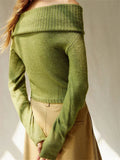 Women Spring Fall Knitted Sweaters Tops Solid Color Long Sleeve Off Shoulder Slash Neck Ribbed Slim Knitwear Jumpers-Outfit