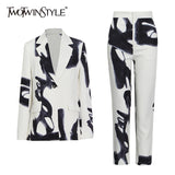 Colorblock Casual Two Piece Set For Females Notched Long Sleeve Blazers High Waist Pants Floral Print Women's