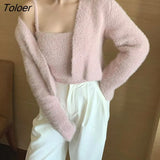 Fashion Sets Autumn Sweet Cardigan V Neck Long Sleeve Pink Mohair Sweaters Coat Sexy Bottom Camisole Tops Women