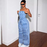 Women's Denim Cloth Jumpsuit Women's Fashion Babes Breasts Multi-Pocket Work