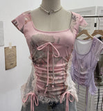 Industrial Lace Splicing Elastic Print With Bow Short-Sleeved T-Shirt