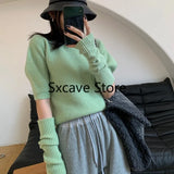 Spring Knitted Sweater Women Casual Design Long Sleeve Pure Color Slim O-Neck Pullover Korean Y2k Crop Tops Office
